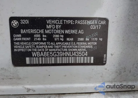 2017 BMW 320 xDrive from USA, damaged, VIN WBA8E5G39HNU43504